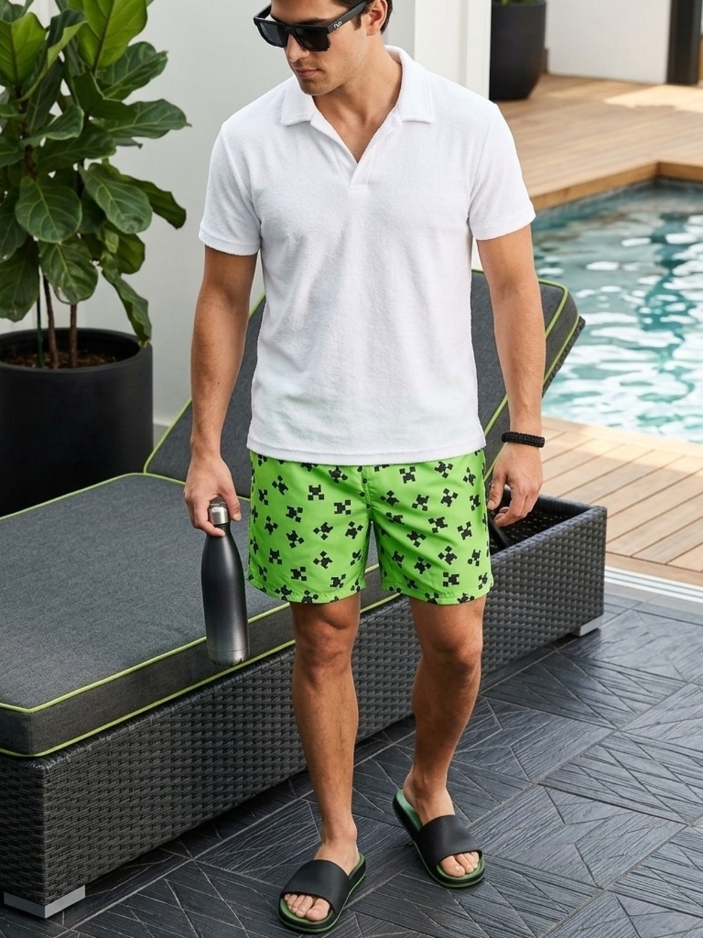 Kids Bright Green Patterned Swim Trunks with Black Accents